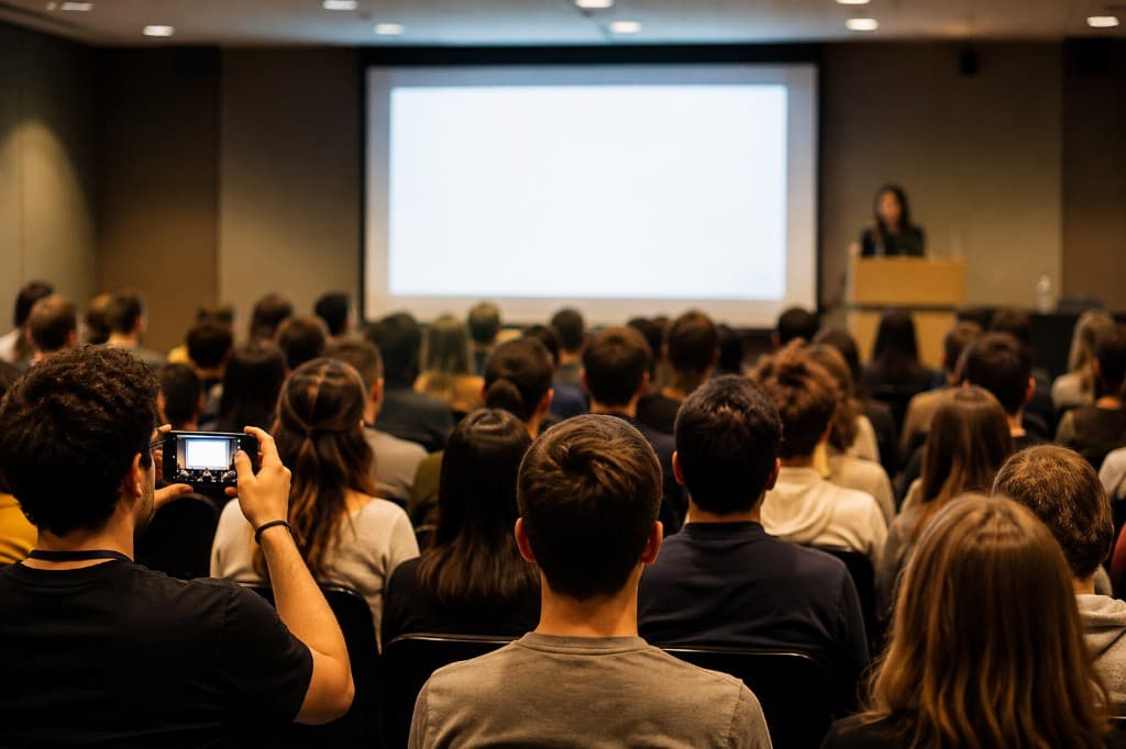 Palestra em auditório com plateia e tela de projeção